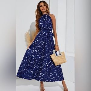 NWT Women's Night Sky Halter Neck Maxi Layer Dress In Navy & White little stars